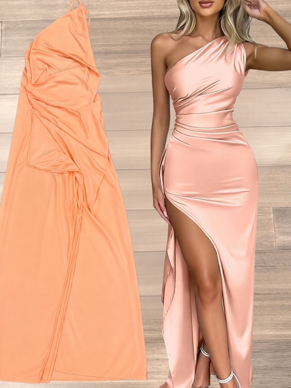 Asymmetrical One-Shoulder Satin Maxi Dress in Peach - Originally listed as Pink